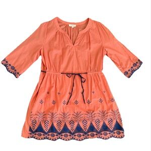 Umgee Embroidered dress Size 1xl Coral Navy Boho Scalloped Hem Tassel Tie Lined